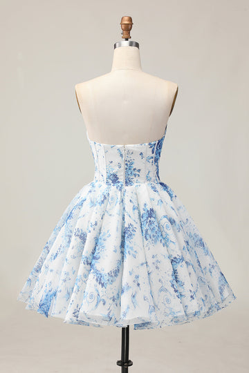 White Blue Flower Printed A-Line Strapless Homecoming Dress with Beading